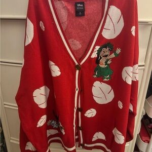 Disney Red Cardigan with White Leaf Pattern and Lilo Patch